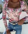 Kadın Süprem Kumaş çiçek Desen Uzun Kollu Kare Yaka Bluz