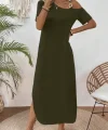 Kadın Tek Omuzdan Açık Toka Detaylı Yandan Yırtmaçlı Maksi Boy Viskon Elbise