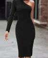 Kadın Tek Omuzdan Açık Uzun Kollu Balıkçı Yaka Midi Ithal Krep Elbise