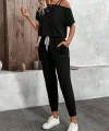 Kadın Tek Omuzdan Açık Viskon Iki Iplik Bluz Bağcıklı Pantolon Ikili Takım