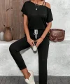 Kadın Tek Omuzdan Açık Viskon Iki Iplik Bluz Bağcıklı Pantolon Ikili Takım