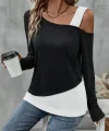 Kadın Tek Omuzu Açık Askılı çift Renkli Uzun Kollu Viskon Bluz