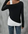 Kadın Tek Omuzu Açık Askılı çift Renkli Uzun Kollu Viskon Bluz