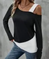 Kadın Tek Omuzu Açık Askılı çift Renkli Uzun Kollu Viskon Bluz