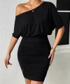Kadın Tek Omuzu Açık Büzgülü Kısa Sandy Elbise