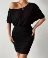 Kadın Tek Omuzu Açık Büzgülü Kısa Sandy Elbise