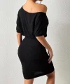 Kadın Tek Omuzu Açık Büzgülü Kısa Sandy Elbise