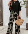 Kadın Truvakar Kol Bisiklet Yaka Asimetrik Dikişsiz Sandy Pelerin Bluz Ve Desenli Pantolon Ikili Takım
