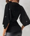 Kadın Truvakar Kollu Kruvaze Yakalı Simli Sandy Bluz