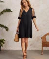 Kadın Tüllü Kısa Kollu V Yaka Krep Elbise
