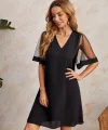 Kadın Tüllü Kısa Kollu V Yaka Krep Elbise