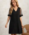 Kadın Tüllü Kısa Kollu V Yaka Krep Elbise