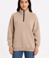 Kadın Üç İplik Dık Yaka Yarım Fermuarlı SweatShirt - Bej