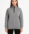 Kadın Üç İplik Dık Yaka Yarım Fermuarlı SweatShirt - Gri