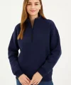 Kadın Üç İplik Dık Yaka Yarım Fermuarlı SweatShirt - Lacivert