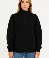 Kadın Üç İplik Dık Yaka Yarım Fermuarlı SweatShirt - Siyah