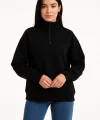 Kadın Üç İplik Dık Yaka Yarım Fermuarlı SweatShirt - Siyah