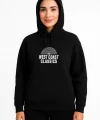 Kadın Kapşonlu Sweatshirt – Oversize Üç İplik Şardonlu Hoodie, “West Coast Classics” Ön & Arka Baskılı, Kanguru Cepli Kışlık Günlük Stil - Siyah