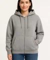 Kadın Üç İplik Kapüşonlu Tam Fermuarlı Kanguru Çepli SweatShirt Hoodie - Gri