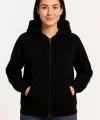 Kadın Üç İplik Kapüşonlu Tam Fermuarlı Kanguru Çepli SweatShirt Hoodie - Siyah