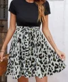 Kadın üst Kısa Kollu Viskon, Alt Leopar Desen Kuşaklı Krep Etek Takım