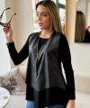 Kadın Uzun Kol Asimetrik Kesim Viskon Bluz Ve çatlak Deri Görünümlü Fermuar Detaylı Yelek Ikili Takım