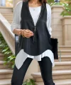 Kadın Uzun Kol Asimetrik Kesim Viskon Bluz Ve çatlak Deri Görünümlü Fermuar Detaylı Yelek Ikili Takım