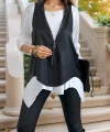 Kadın Uzun Kol Asimetrik Kesim Viskon Bluz Ve çatlak Deri Görünümlü Fermuar Detaylı Yelek Ikili Takım