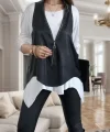 Kadın Uzun Kol Asimetrik Kesim Viskon Bluz Ve çatlak Deri Görünümlü Fermuar Detaylı Yelek Ikili Takım