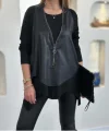 Kadın Uzun Kol Asimetrik Kesim Viskon Bluz Ve çatlak Deri Görünümlü Fermuar Detaylı Yelek Ikili Takım