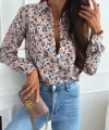 Kadın Uzun Kol Cep Detay çiçek Baskılı Mosskrep Kumaş Gömlek