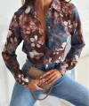 Kadın Uzun Kol Cep Detay çiçek Baskılı Mosskrep Kumaş Gömlek