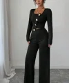 Kadın Uzun Kol Kare Yaka Asimetrik Düğme Detay Bluz Ve Yüksek Bel Pantolon Ikili Takım