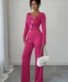 Kadın Uzun Kol Kare Yaka Asimetrik Düğme Detay Bluz Ve Yüksek Bel Pantolon Ikili Takım