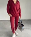 Kadın Uzun Kol V Yaka Kapüşon Detay Sweat Ve Yüksel Bel Eşofman Ikili Takım