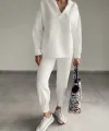 Kadın Uzun Kol V Yaka Kapüşon Detay Sweat Ve Yüksel Bel Eşofman Ikili Takım