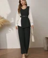 Kadın Uzun Kollu Açık Yakalı çift Renkli Kemerli Ithal Krep Ikili Takım
