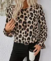 Kadın Uzun Kollu Arkadan Fiyonk Detaylı Leopar Desenli Süprem Bluz