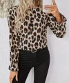 Kadın Uzun Kollu Arkadan Fiyonk Detaylı Leopar Desenli Süprem Bluz