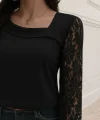 Kadın Uzun Kollu Asimetrik Yakalı Dantelli Ithal Krep Bluz
