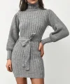 Kadın Uzun Kollu Balıkçı Yaka Beli Kuşaklı Mini Triko Elbise