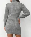 Kadın Uzun Kollu Balıkçı Yaka Beli Kuşaklı Mini Triko Elbise