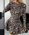 Kadın Uzun Kollu Balıkçı Yaka Fırfırlı Leopar Desenli Modal Elbise