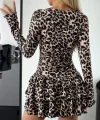 Kadın Uzun Kollu Balıkçı Yaka Fırfırlı Leopar Desenli Modal Elbise