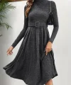 Kadın Uzun Kollu Balıkçı Yaka Kemer Detaylı Yumoş Midi Elbise