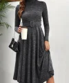 Kadın Uzun Kollu Balıkçı Yaka Kemer Detaylı Yumoş Midi Elbise
