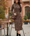 Kadın Uzun Kollu Balıkçı Yaka Leopar Desenli Midi Boy Elbise