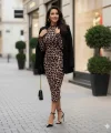 Kadın Uzun Kollu Balıkçı Yaka Leopar Desenli Midi Boy Elbise