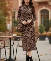 Kadın Uzun Kollu Balıkçı Yaka Leopar Desenli Midi Boy Elbise