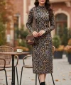 Kadın Uzun Kollu Balıkçı Yaka Leopar Desenli Midi Boy Elbise